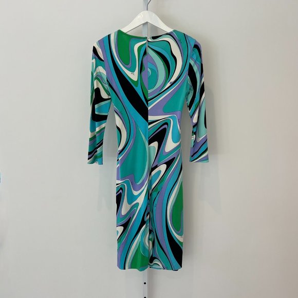 EMILIO PUCCI BLUE MULTI SILK FAUX WRAP ENAMEL BUCKLE DRESS MODEL 72RH25 SIZE IT - Picture 4 of 17